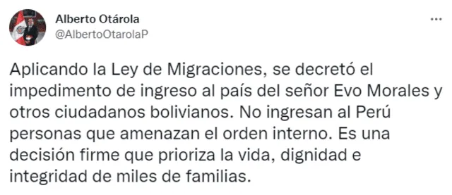 Tuit de Alberto Otárola sobre Evo Morales. Foto: captura de Twitter