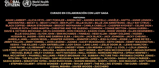 Lista completa de artistas que participan . Foto: Captura de pantalla - Global Citizen