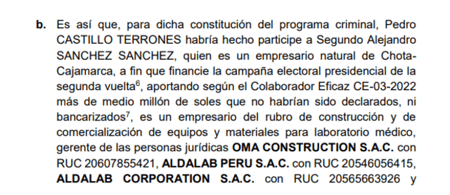 Tesis de la Fiscalía sobre los aportes a favor de Pedro Castillo