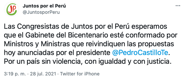 Juntos por el Perú a Pedro Castillo