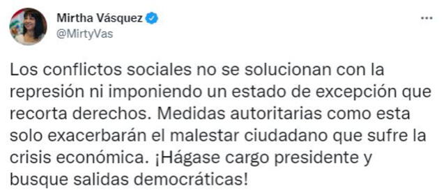 Mirtha Vásquez critcó la medida restrictiva adoptada por el Gobierno de Pedro Castillo. Foto: Captura Twitter