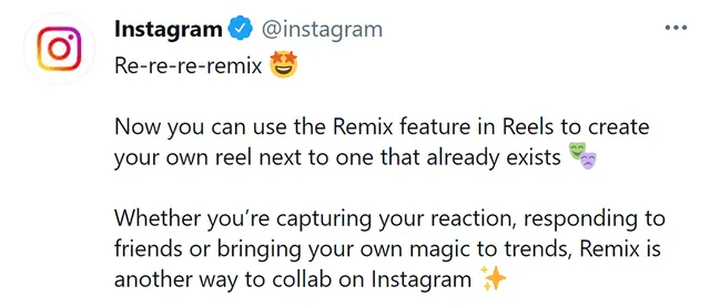 Anuncio sobre el lanzamiento de Reels Remix. Foto: Twitter / @instagram
