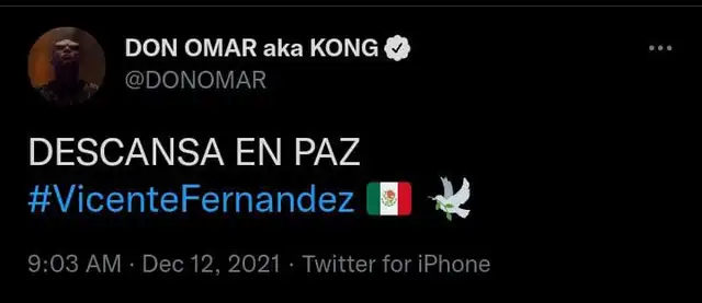 Famosos reaccionan a la muerte de Vicente Fernández. Foto: Don Omar/ Twitter
