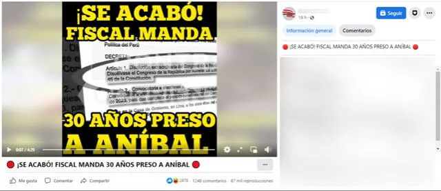  Un post asegura que la Fiscalía supuestamente “mandó preso” a Aníbal Torres por 30 años. Foto: captura en Facebook.    