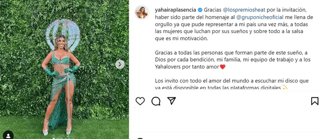 Yahaira Plasencia agradece invitación de los Premios Heat. Foto: Instagram 