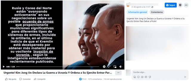  Una publicación viral asegura, falsamente, que Kim Jong Un declaró la guerra a Ucrania. Foto: captura en Facebook.    