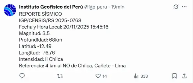 Sismo en Cañete. Fuente: IGP (X) Sismo en Cañete. Fuente: IGP (X)