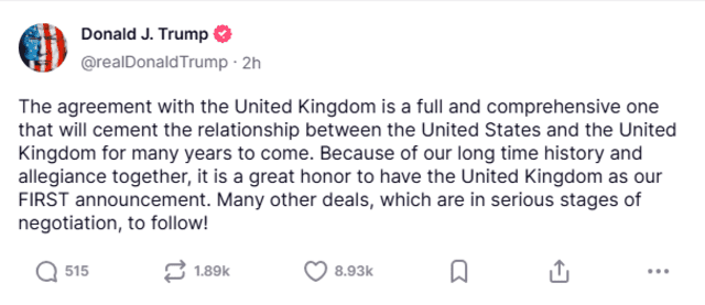 A historic trade agreement with the United Kingdom marks the beginning of a new era of cooperation. This first announcement sets the stage for many more deals to strengthen our global partnerships. Photo: Donald Trump Truth social account A historic trade agreement with the United Kingdom marks the beginning of a new era of cooperation. This first announcement sets the stage for many more deals to strengthen our global partnerships. Photo: Donald Trump Truth social account