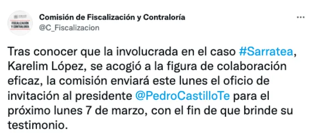 Twitter de la Comisión de Fiscalización y Contraloría