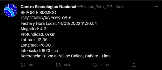 Datos de sismo en Lima, cañete el domingo 14 de agosto. Foto: captura