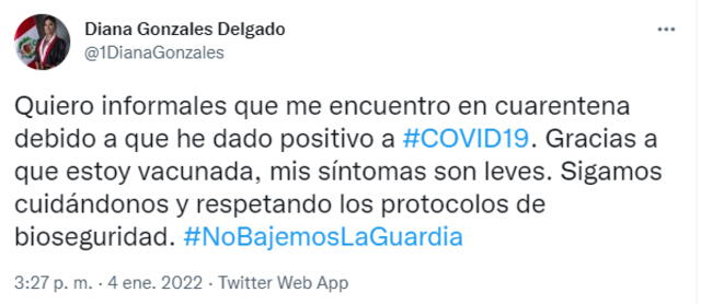Congresista Diana Gonzáles confirmó dio positivo a coronavirus
