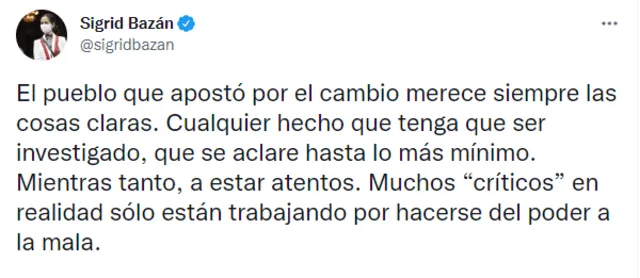 Sigrid Bazán usó su cuenta de Twitter para mostrar su postura tras el mensaje del presidente Pedro Castillo. Foto: Twitter / @sigridbazan