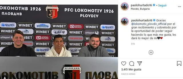 Paolo Hurtado: agradecimiento al Lokomotiv Plovdiv