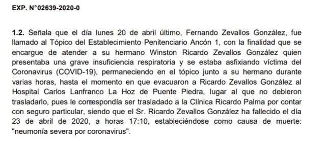 Rechazo a la apelación del HC de Fernando Zevallos para salir de prisión.