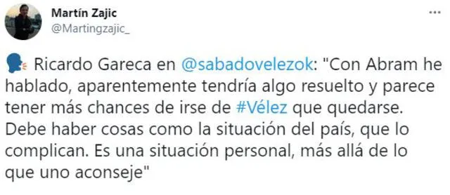 Sábado Vélez conversó con Ricardo Gareca sobre el futuro de Luis Abram.
