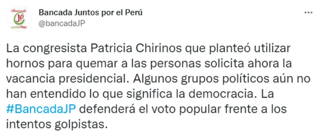 Tuit de Juntos por el Perú tras anuncio de Patricia Chirinos. Foto: captura de Twitter