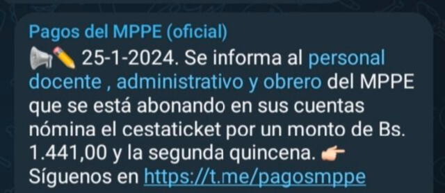 El pago de la segunda quincena de este mes ya fue abonado. Foto: Pagos MPPE/Telegram