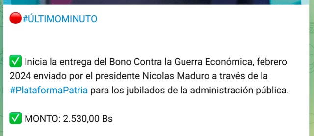 Anuncio del Bono de Guerra Económica para jubilados en febrero 2024. Foto: Canal Patria Digital   