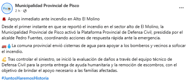 Comunicado de la Municipalidad Provincial de Pisco. Captura: Facebook Comunicado de la Municipalidad Provincial de Pisco. Captura: Facebook