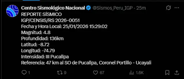 El sismo fue reportado con una profundida de 136 km. Foto: IGP/X.   