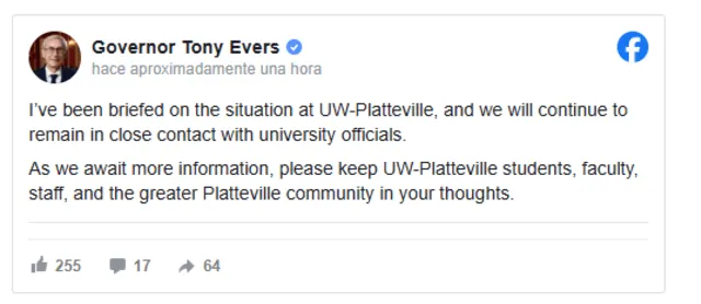 Wisconsin Governor Tony Evers addresses the UW-Platteville incident on social media. Photo: Tony Evers Facebook Wisconsin Governor Tony Evers addresses the UW-Platteville incident on social media. Photo: Tony Evers Facebook