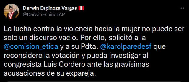 Darwin Espinoza de Acción Popular rechaza que Luis Cordero no sea investigado en Ética. Foto: Captura de Twitter