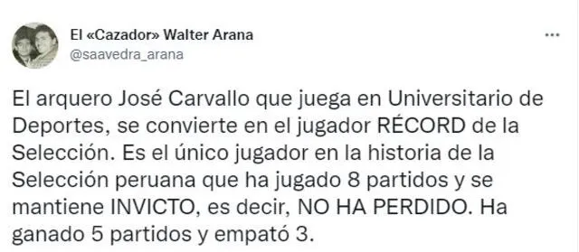 Publicación sobre José Carvallo y su récord con la selección peruana. Foto: captura Twitter