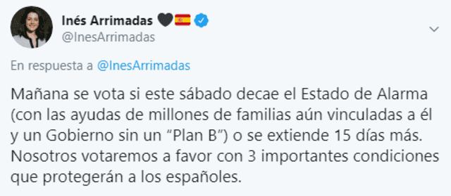Arrimadas confirma que Ciudadanos votará a favor de la prórroga del estado de alarma en España.