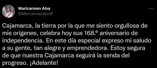 María del Carmen Alva recordó que sus orígenes familiares vienen de Cajamarca. Foto: Captura de Twitter