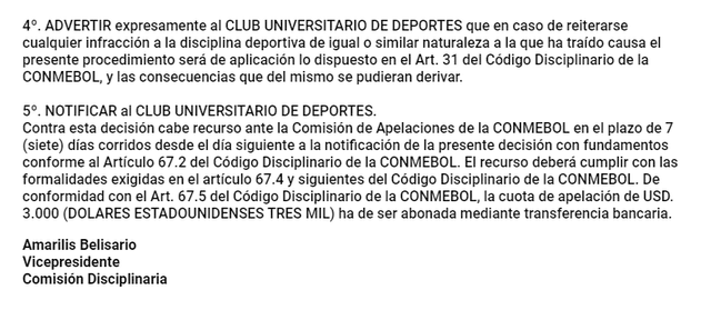 Conmebol impone una multa económica a Universitario tras cometer infracciones durante su partido ante Barcelona SC. Foto: captura Conmebol