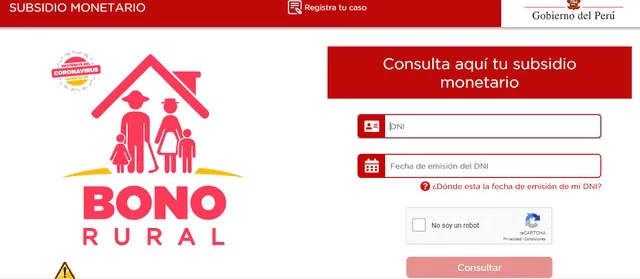 Plataforma web del Bono Rural. Foto: captura.
