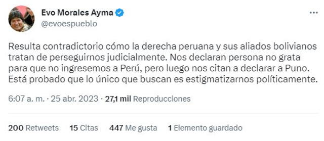 Evo Morales sobre citación de la Fiscalía de Puno. Foto: captura de Twitter/@evoespueblo   