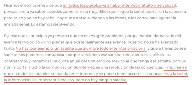 Discurso de AMLO se refería a los satélites para llevar internet a México, no a los satélites en general. Foto: captura en la página presidente.gob.mx   