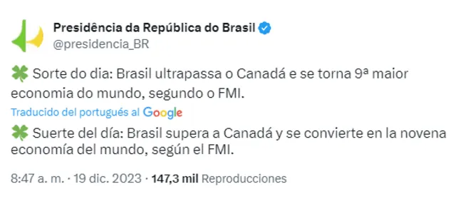  Brasil, la novena economía del mundo según el FMI. Foto: @presidencia_BR/Twitter    