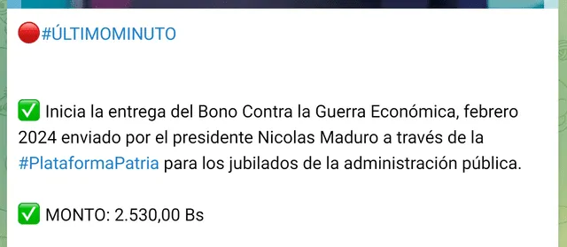 Inició el pago del BONO de GUERRA para los jubilados de la administración pública en Venezuela. Foto: Canal Patria/Telegram