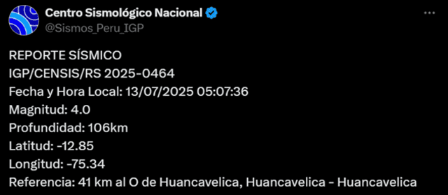  Sismo de magnitud de 4,0 sacude Huancavelica. Foto: IGP    