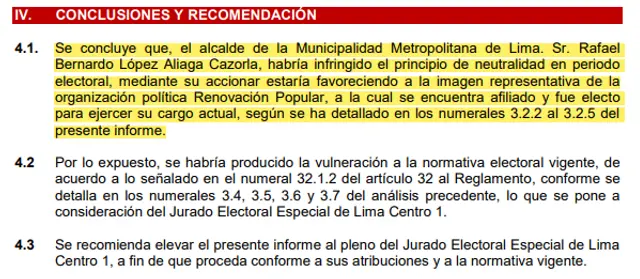Las conclusiones del informe del JEE de Lima Centro contra Rafael López Aliaga. Foto: JEE de Lima Centro Las conclusiones del informe del JEE de Lima Centro contra Rafael López Aliaga. Foto: JEE de Lima Centro