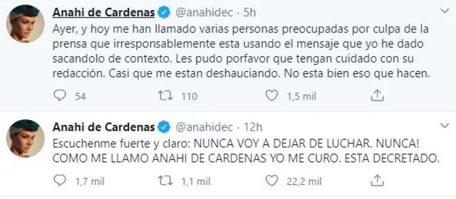 Anahí de Cárdenas asegura que seguirá luchando por su vida.