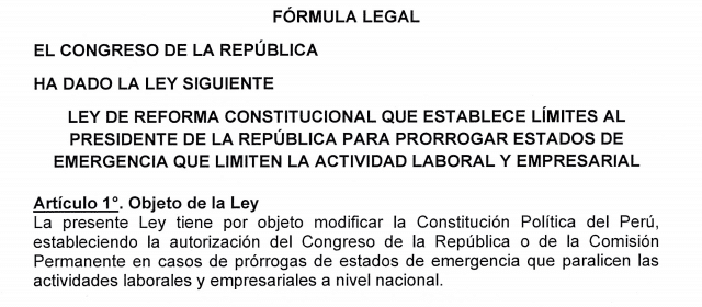 PL que propone que Congreso autorice prórrogas de estado de emergencia