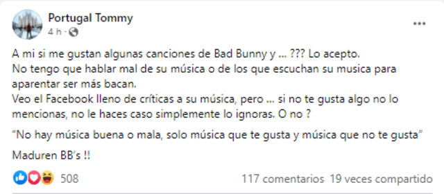 Tommy Portugal dio contundente respuesta a detractores de Bad Bunny. Foto: Tommy Portugal/Facebook