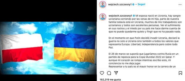 Mensaje de Wojciech Szczesny en sus redes sociales. Foto: captura Instagram Wojciech Szczesny