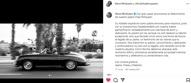  Así se anunció la muerte del actor Chad McQueen. Foto: captura Instagram   