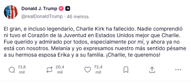  Comunicado de Donald Trump. Fuente: Truth Social   