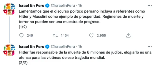 Tuit de la embajada de Israel en Perú