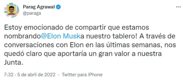 El cargo de Musk se oficializó este 5 de abril. Foto: Twitter