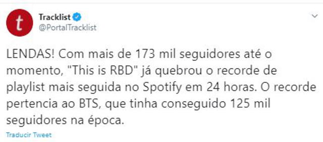 Portal brasileño informa récord de RBD en Spotify. Foto: captura Twitter