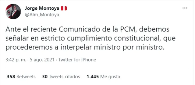 Jorge Montoya hizo uso de su cuenta de Twitter para informar de la decisión de Renovación Popular. Foto: Captura Twitter.