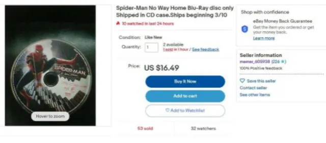 Venta del blue-ray de "Spider-Man: no way home" en E-bay. Foto: Torren Freak