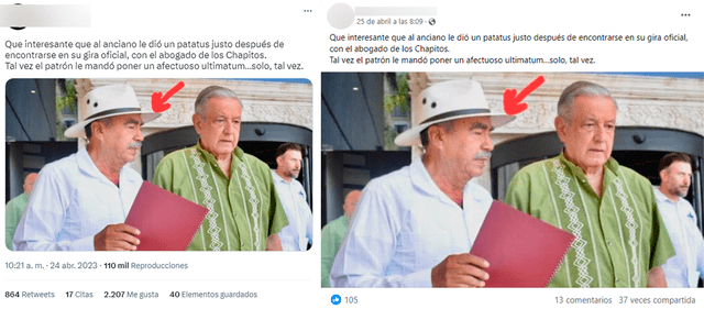  Publicación que afirma falsamente que en AMLO aparece en imagen con el abogado de los hijos del 'Chapo’ Guzmán. Foto: captura en Facebook y Twitter.&nbsp;   