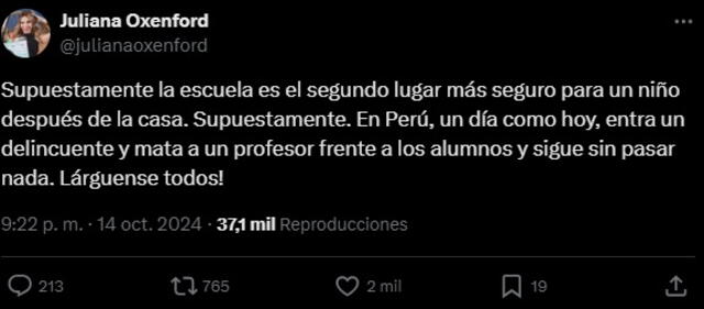 Juliana Oxenford se pronuncia sobre asesinato de profesor en Ate Vitarte. Foto: Juliana Oxenford/Twitter 